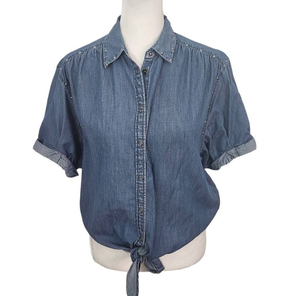 Express Denim Snap-Up Crop Top Tie Front Size XS Western Jean Shirt